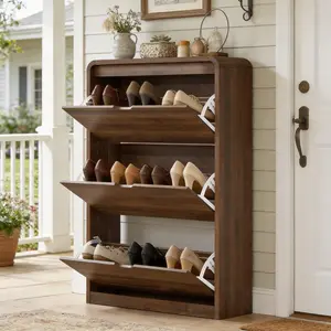 Wooden Shoe Cabinet with 3 Flip Drawers & Adjustable Shelves, Narrow Freestanding Shoe Storage Cabinet, Hidden Slim Shoe Rack Cabinet for Entryway, Walnut