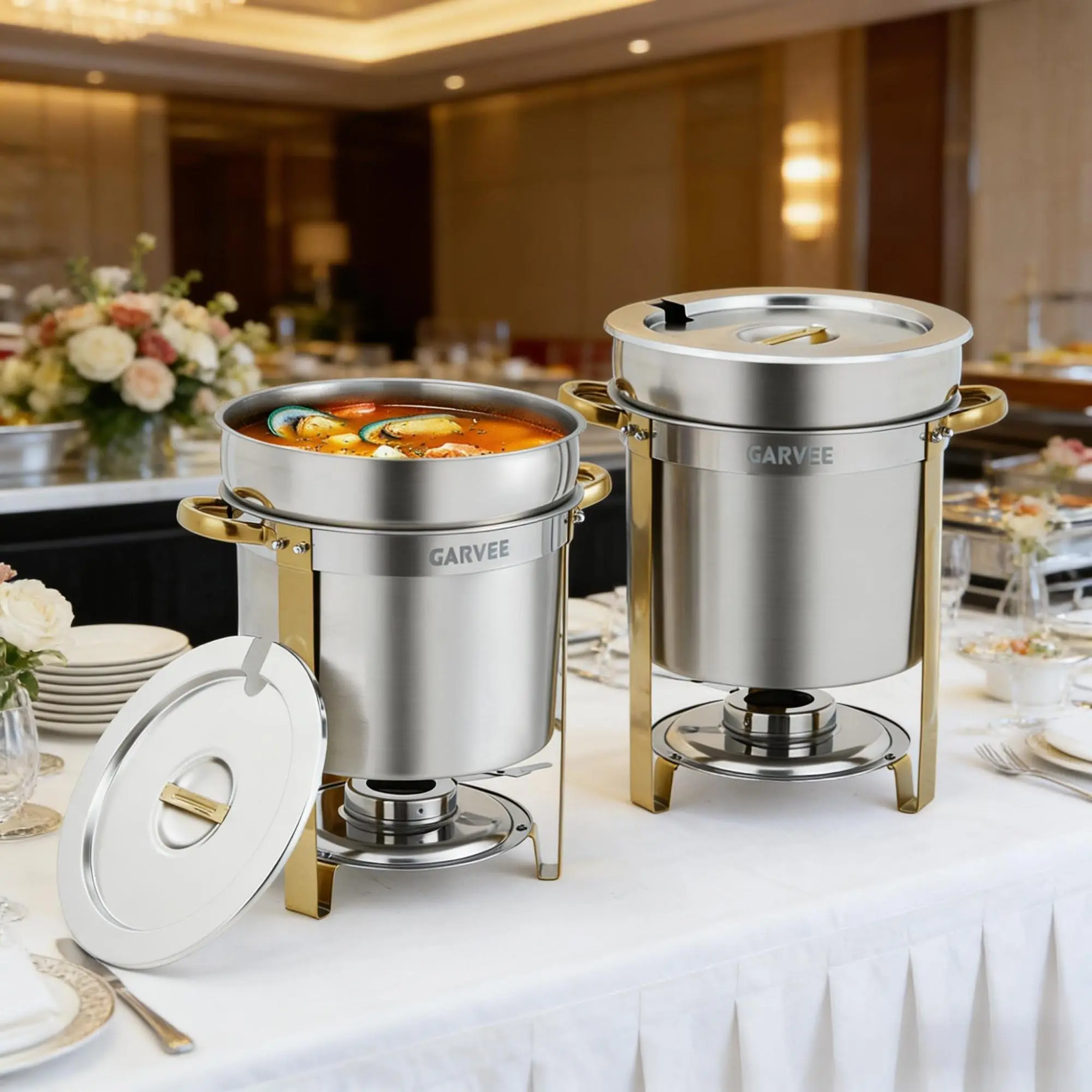 Gaomon Stylish Sturdy 2-Pack 11QT Commercial Stainless Steel Round Soup Warmer Set, Includes Soup Chafers, Pots, Notched Lids, Fuel Holders, Ideal for Buffets, Weddings (Gold)