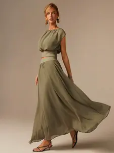 Chiffon Patchwork Knit Sleeveless Top And Skirt 2-Piece Set, Women's Summer Outfit, Flowy Feel, Fashionable Set, Summer Vacation Set, Beach Holiday 2-Piece, Army Green Set, Ruched Design, Casual Suit