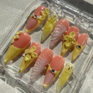 Blue Blossom  Tips 3D Reusable Handmade Press-On Nails - Acrylic Stiletto Shape, Natural Finish, Durable & Stylish for Salon-Perfect Look Multicolor