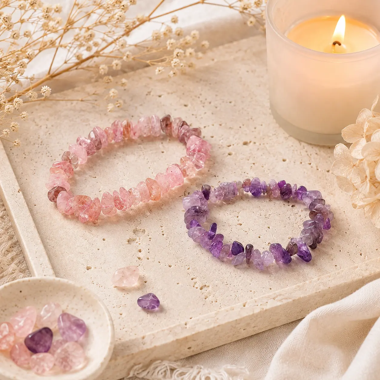 Crystal Chip Stretch Bracelet for Women, Boho Irregular Stone Beads, Lightweight Stackable Jewelry for Daily Wear, Pink and Purple Set, Irregular Chips, Approx. 7"