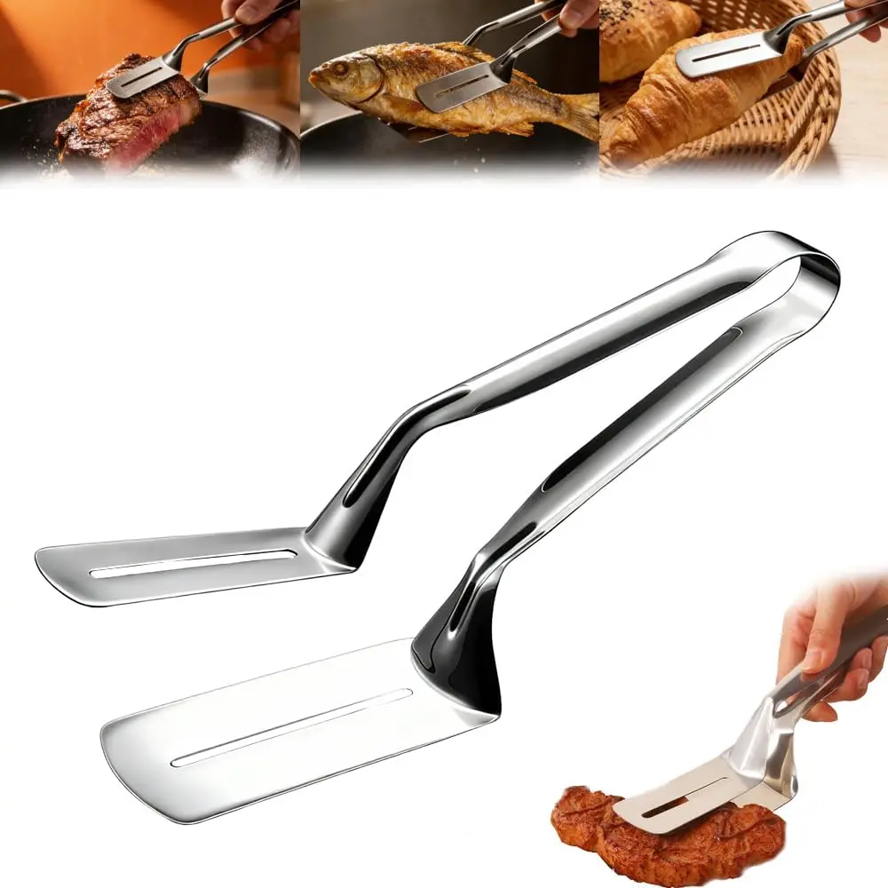 Stainless Steel BBQ Spatula & Tongs Set - 10in Anti-Scald Extended Grip Handle, Sturdy Multi-Size Grilling Accessories, Durable Kitchenware for Outdoor BBQ, Campfire