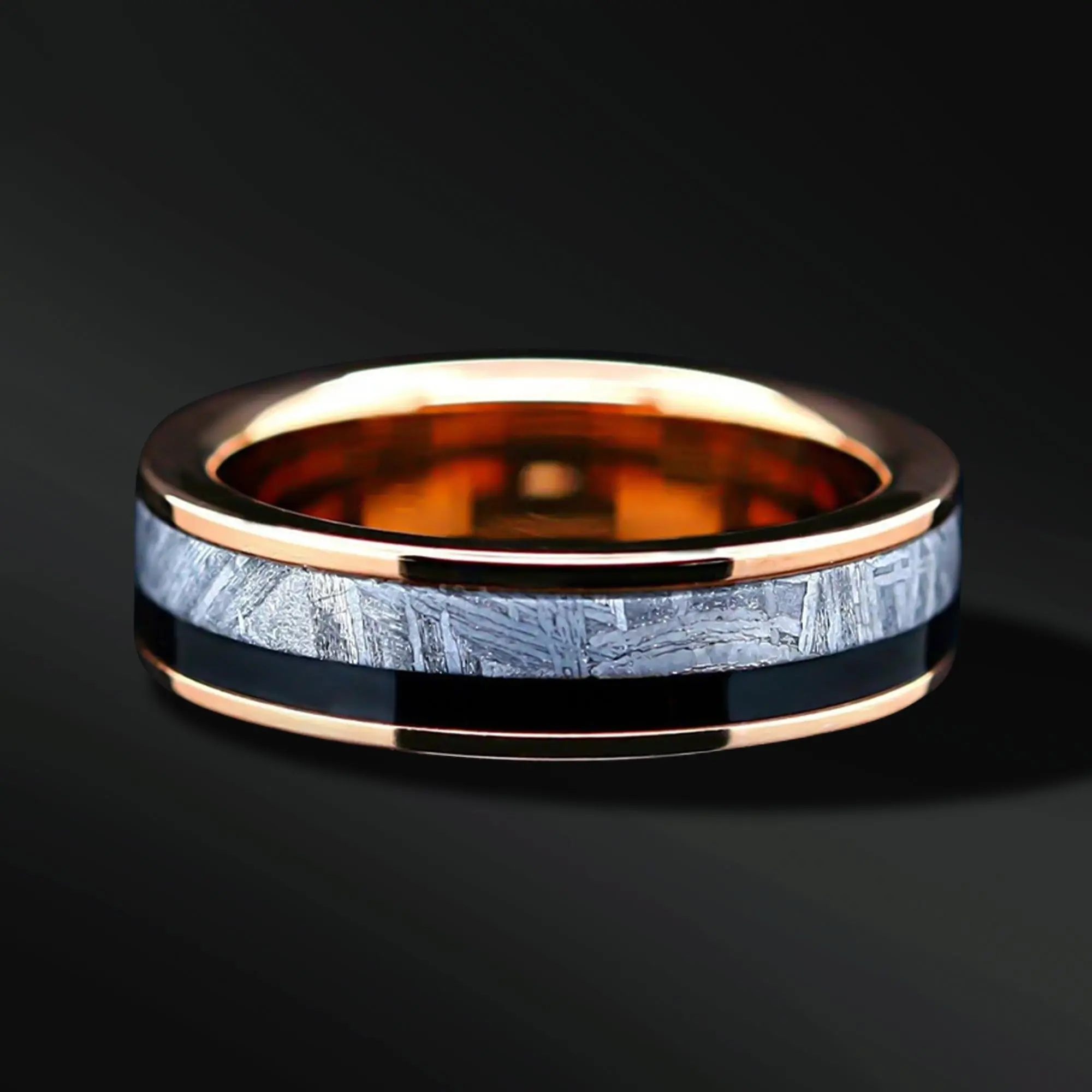 Meteorite Wedding Bands | Rose gold plated Tungsten  Ring for Women | Muonionalusta Meteorite Wedding Bands for Him & Her