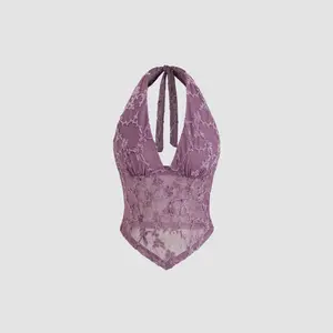 Cider V-neck Halter Knotted Floral Mesh Tank Top SummerWins