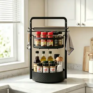 rotating 2-tier spice rack,paper towel holder,360 lazy susan turntable,kitchen countertop organizer,cabinet spice organizer,metal storage rack,spice jar organizer,condiment organizer,dish drying rack,cool kitchen gadgets,kitchen organization