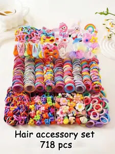 718/719pcs Little Princess Rainbow Unicorn & Mermaid Hair Accessory Gift Box Set: hundreds of styles, shapes & colors; clips, ties, headbands, Elastic hair accessory. For girls' daily styling, storage box