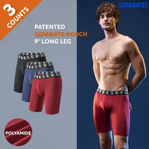 3 Packs Separatec Men's 9" Long Leg Boxer Briefs with Separate Pouch Anti Chafing Athletic Fit Breathable No Ride Up for All Day Comfort-Ideal for Active Wear