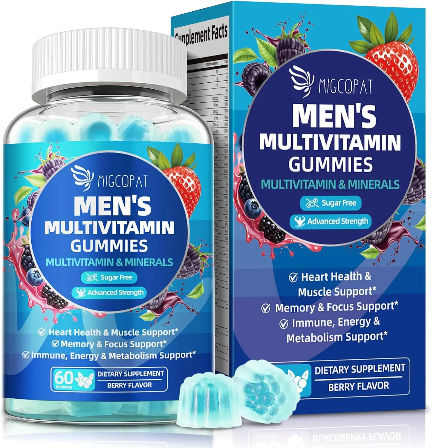 Migcopat Multivitamin for Men, Mens Multivitamins Gummies w/Omega-3, Probiotics, Inositol, Folate, Biotin, Zinc, Vitamins A, C, D, E, B, Support Heart, Brain, Muscle, Energy, Sugar-Free, Berry Flavor