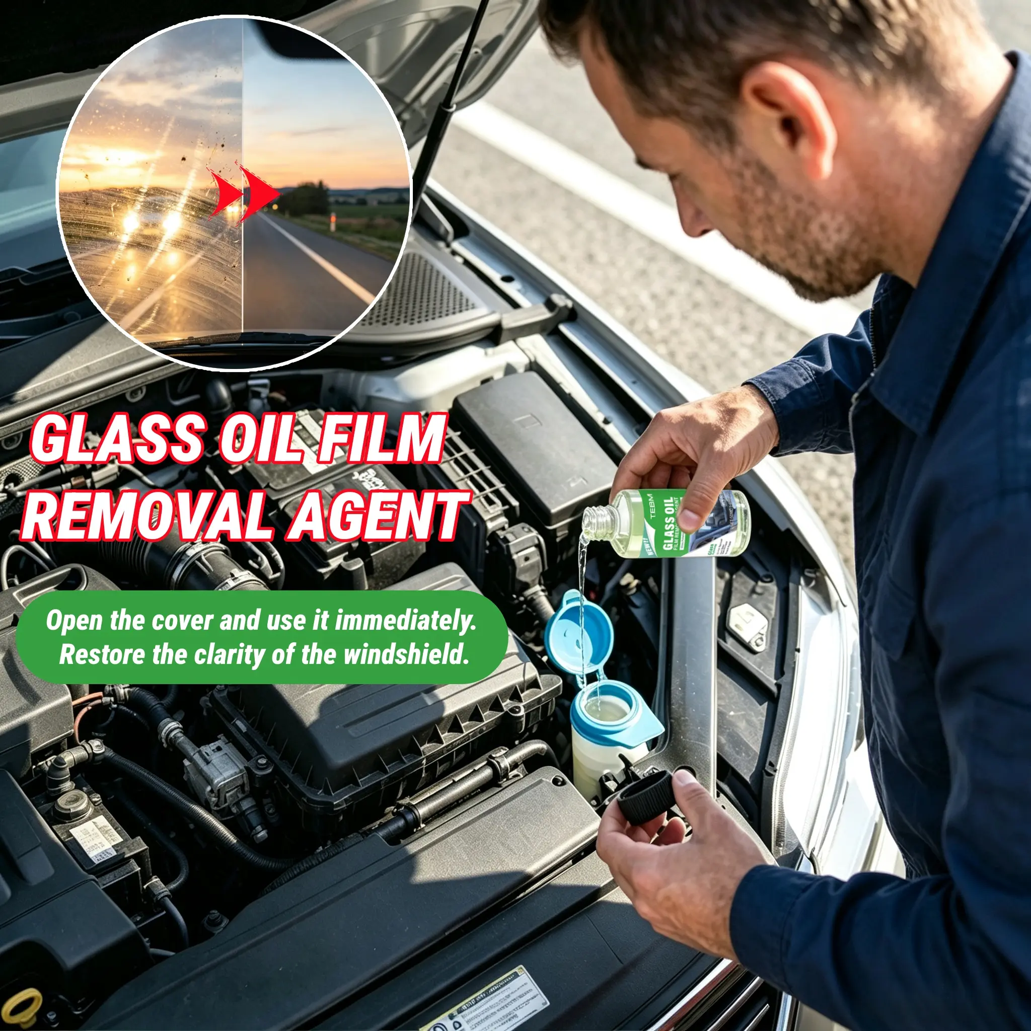 Car windshield cleaner, rain-proof and reduces fog and oil film traces, effectively restoring clear vision, available in rearview mirror/side window/windshield
