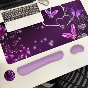 Abstract Purple Art Pattern Mouse Pad Set, 4-in-1 Mouse Pad & Keyboard Wrist Rest & Mouse Pad with Wrist Support & Coaster, Ergonomic Design Mousepad for Home Office