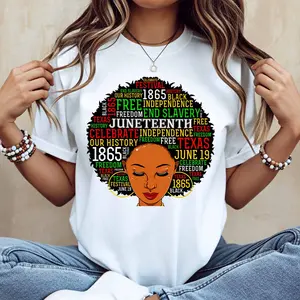 Juneteenth Afro Woman With Freedom Text And 1865 Date Print T Shirt White Crew Neck Casual Wear For Everyday And Sports Activities
