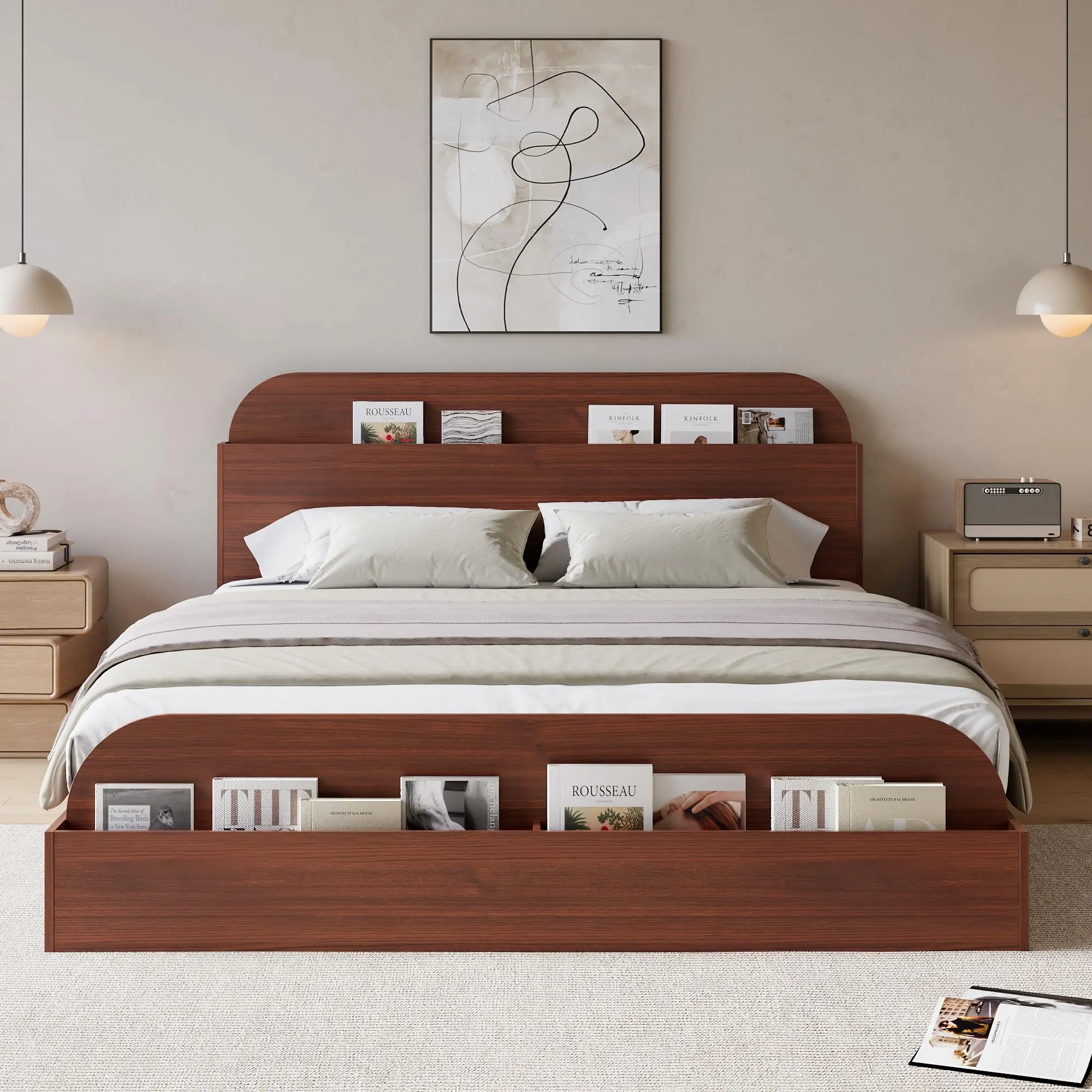 Garvee Queen Size Wooden Bed Frame with Storage Headboard and Elevated Feeding Table, Low Platform Floor Bed with Slat Support for Bedroom