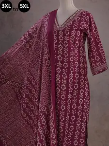 Plus Size Pure Cotton Burgundy Purple Batik Print Kurta Palazzo Dupatta For Big Size Ethnic Summer Wear Indian Women Salwar Bollywood