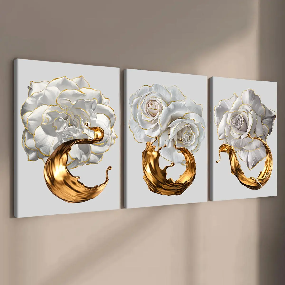 Wooden Framed Canvas Painting, 3 Counts/set Flower Pattern Floral Prints Wall Art Decoration Items, Modern Artwork for Home Living Room Bedroom Office Decor
