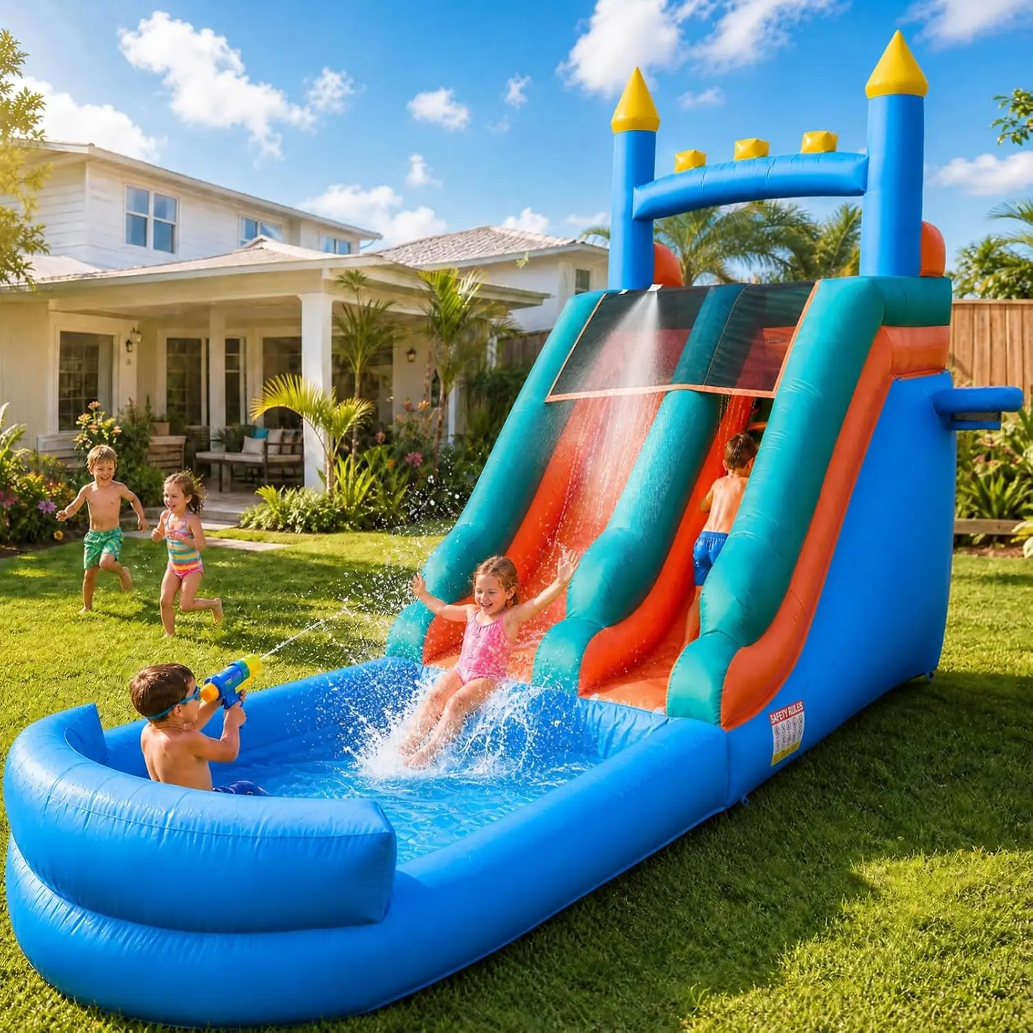 26ft Inflatable Water Slide with Water Spray Tube Commercial Heavy Duty 100% PVC Waterslide with Splash Pool 950W Air Blower Front-Loading for Backyard Party Rental Equipment (Castle-Blue)