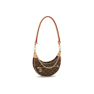 Pre-owned Louis Vuitton LEATHER Crossbody Bags Loop classic monogram full print chain shoulder strap coated canvas with cowhide trim Moon Bag, Petit Pois Bag, underarm bag, handheld and shoulder bag