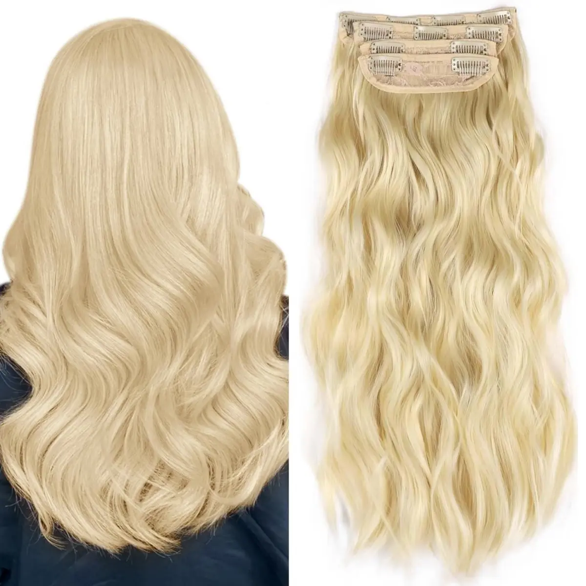 Clip In Hair Extensions Natural Long Layered Soft Invisible Synthetic Curly Wavy Hairpieces for Women 4 pcs 20 Inch Platinum Blonde 613#
