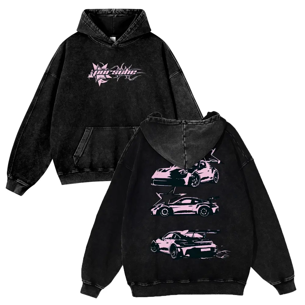 Pink Y2K Style 911 Supercar 380g Autumn VIntage Washed Hoodie Graphic Sweatshirt
