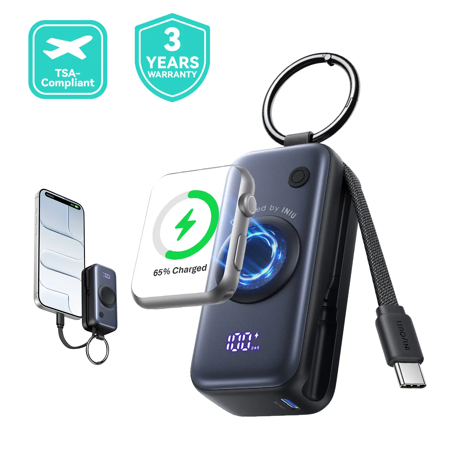INIU P81 SnapGo Mini Multifunctional Power Bank, 5000mAh Compact Fast-Charging Mobile Charger with Built-in Cables & Keychain, Flight-Safe EDC Device for Compatible Devices (iWatch Ultra/11/10/9/8/SE, iPhone 17/16/15/Air, AirPods) 2026 Best Gifts