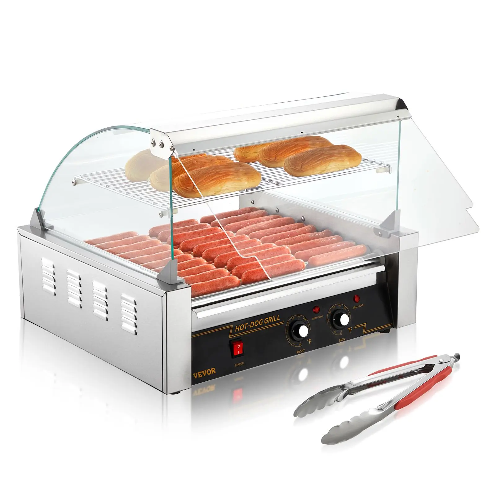 【Summerfinds】VEVOR Hot Dog Roller,  11 Rollers 30 Hot Dogs Capacity, 1650W Stainless Sausage Grill Cooker Machine with Dual Temp Control Glass Hood Acrylic Cover Bun Warmer Shelf Removable Drip Tray, ETL Certified