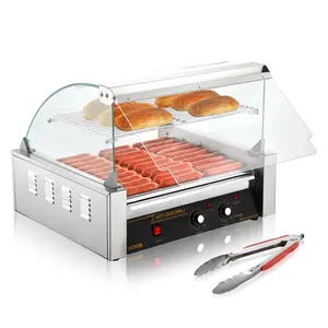 VEVOR Hot Dog Roller,  11 Rollers 30 Hot Dogs Capacity, 1650W Stainless Sausage Grill Cooker Machine with Dual Temp Control Glass Hood Acrylic Cover Bun Warmer Shelf Removable Drip Tray, ETL Certified