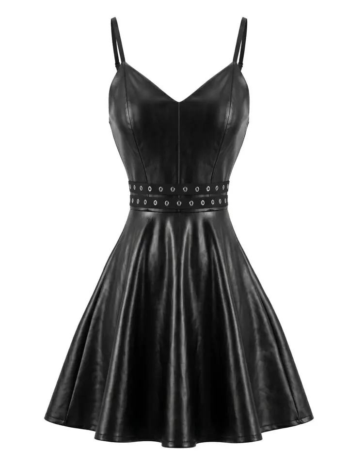 Black 1950s Faux Leather Waist Sleeveless Dress Cat Women Party Vintage Gothic