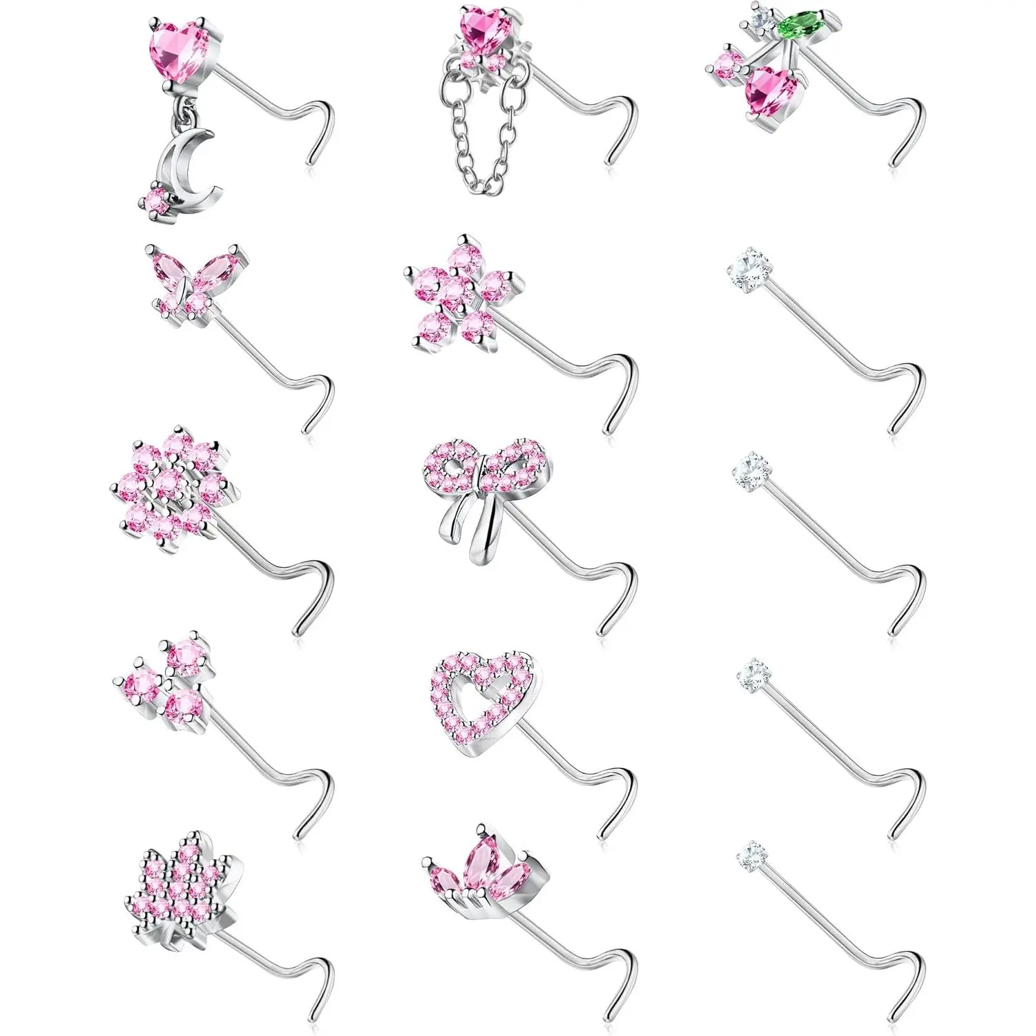 Nose Rings Corkscrew for Women Nose Piercings 20G Surgical Stainless Steel Gold Nose Studs Pink Red CZ Heart Butterfly Flower Cherry Bow Moon Dangle Nose Piercing  cute jewelry