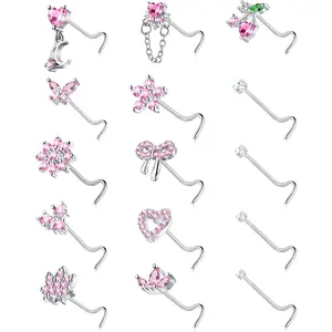 Nose Rings Corkscrew for Women Nose Piercings 20G Surgical Stainless Steel Gold Nose Studs Pink Red CZ Heart Butterfly Flower Cherry Bow Moon Dangle Nose Piercing  cute jewelry