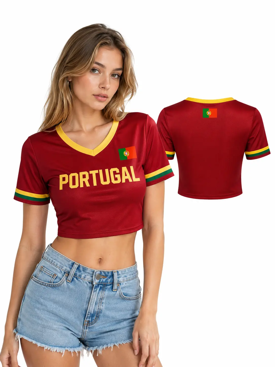 Women's Premium Mesh Portugal Soccer Jersey Crop Top - Breathable Athletic Sports Top, Personalized Name & Number, Professional Fan Apparel, Breathable Athletic Top Fan Sportswear Top