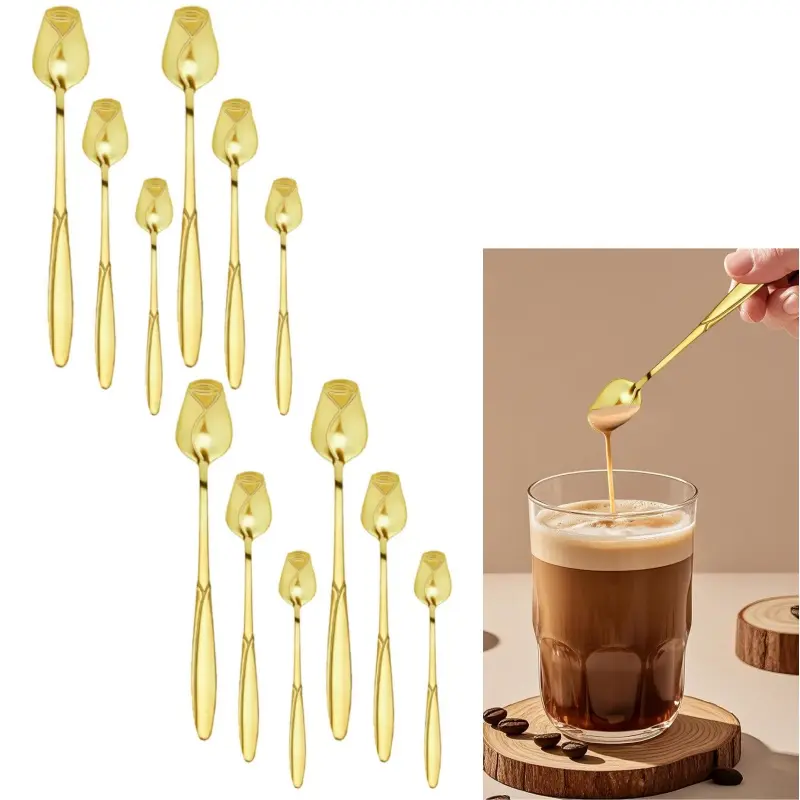 12 pieces gold rose stainless steel spoon -3 sizes 5/6/7 inches, decorative mixing spoon, suitable for coffee, tea, honey, yogurt, and desserts, suitable for afternoon tea, weddings, kitchens