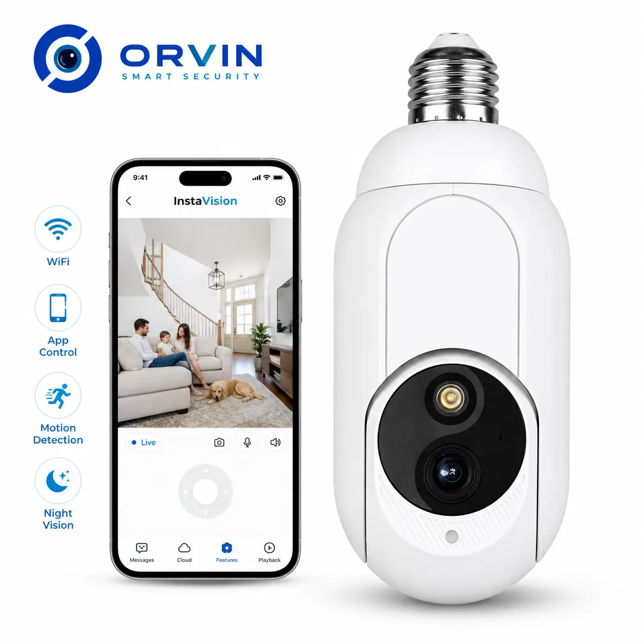 3MP Light Bulb Security Camera with Speaker, Wi-Fi Connectivity, Installation Support via Socket, 355° Pan-90° Tilt, Full-Color Night Vision, 2-Way Audio, AI Person Tracking, Local Recording, InstaVision App Baby Monitor