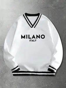 Unisex Loose Fit V-Neck Sweatshirt, Casual Street Style, Printed Design, Fall & Winter Fashion, H-Type Silhouette