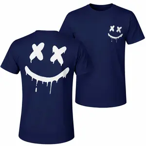 Men's Pure Cotton Retro Shortsleeve Round Neck Graphic T-Shirt - Loose-Fitting, Splattered-Ink Smiley Face Print, Breathable Elastic Menswear Streetwear, Unisex Casual Outdoor Top