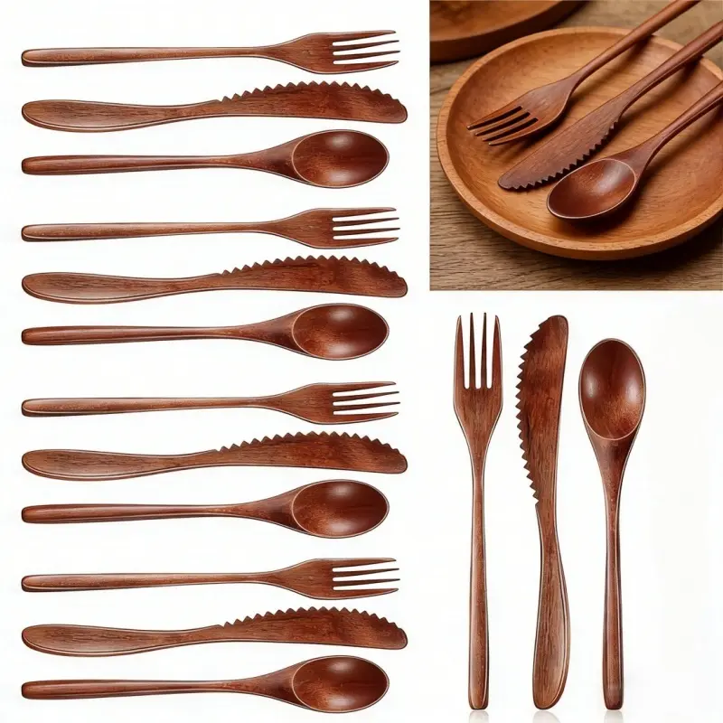 12-Piece Reusable Plaid Natural Wood Cutlery Utensil Set - Compact Spoons, Forks and Knives for Everyday Dinnerware Needs, Campfire, BBQ Party Use