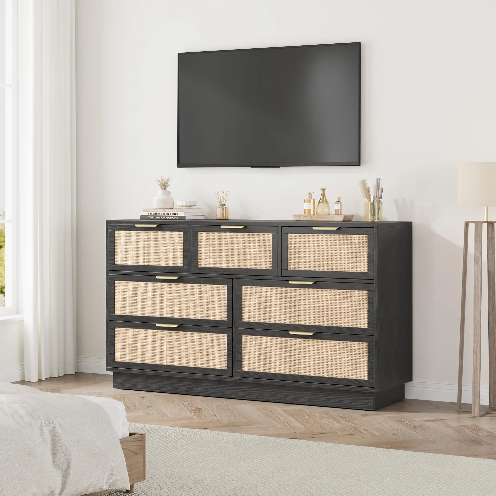7-Drawer Rattan Weave Dresser with Dresser Organization - Modern Wood Storage Chest, Space-Saving Minimal Chic Multiple Drawers Bedroom Furniture, 75-Inch TV Stand, Freestanding Small Room Credenza (Bedroom/Living Room)