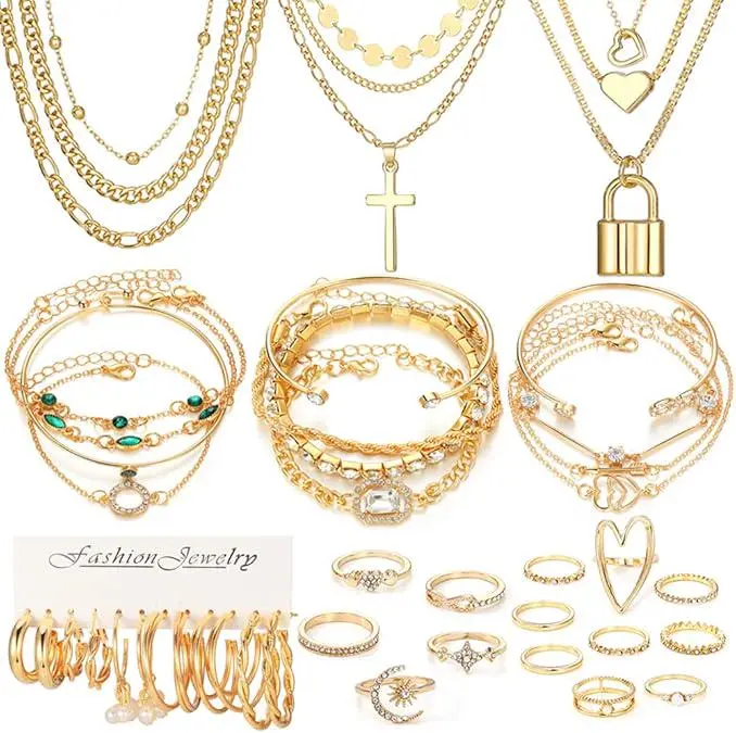 36Pcs Women Fashion Jewelry Set, Golden Accessories Pack with Multi-layer Necklaces, Stackable Bracelets, Rings & Hoop Earrings, Delicate Mixed Jewelry Collection, Perfect Daily Outfit Decor & Gift for Halloween, Christmas and Holiday Parties