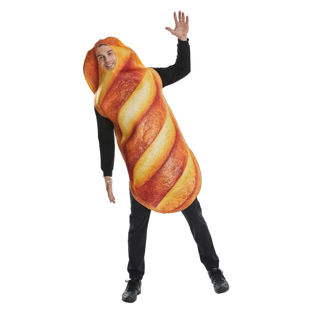 Funny Polyester Bread Baguette Cosplay Jumpsuit Costume Clothes - 1 Size Unisex Adult Food Party Wear for Halloween, Carnival Fancy Dress