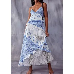 Women Summer Sleeveless Dress Casual Floral Print Lace Patchwork Backless Ruffles Party Dress for Beach Streetwear