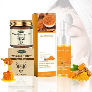 Beef Tallow Honey Balm + Turmeric Face Wash Set – Grass-Fed Whipped Moisturizer & Deep Cleansing Foaming Cleanser with Brush, Hydrating, Brightening & Soothing Skincare Duo