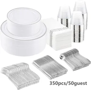 I00000 350Pcs Silver Plastic Dinnerware Set, Plastic Plates Disposable for 50 Guests Include: 100 Silver Rim Plates, 50 Paper Napkins, 50 Cups, 50 Plastic Silverware Set Perfect for Party & Wedding