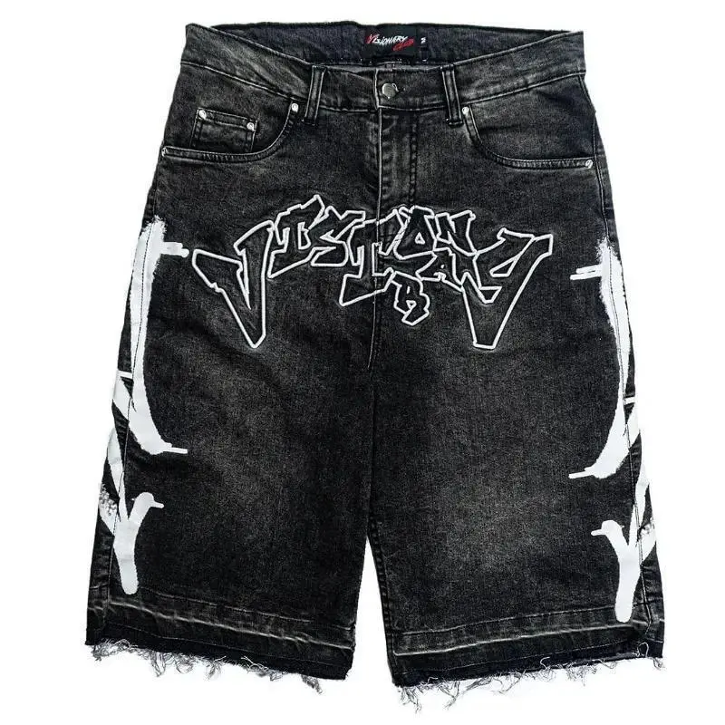 New Harajuku Alphabet Embroidery Black Jeans Men's Hip Hop Vintage Loose Shorts Men Casual Gym Denim Shorts Streetwear Pocket Hipster Menswear Vibe