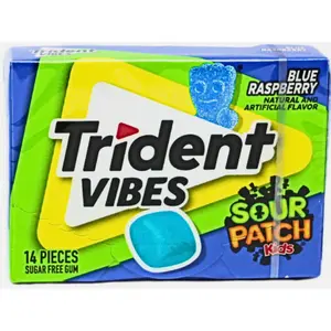 2x Trident Vibes Sour Patch Kids Blue Raspberry Chewing Gum - Sweet Chewy Candy Snack Mints Fresh Breath Treat 14ct