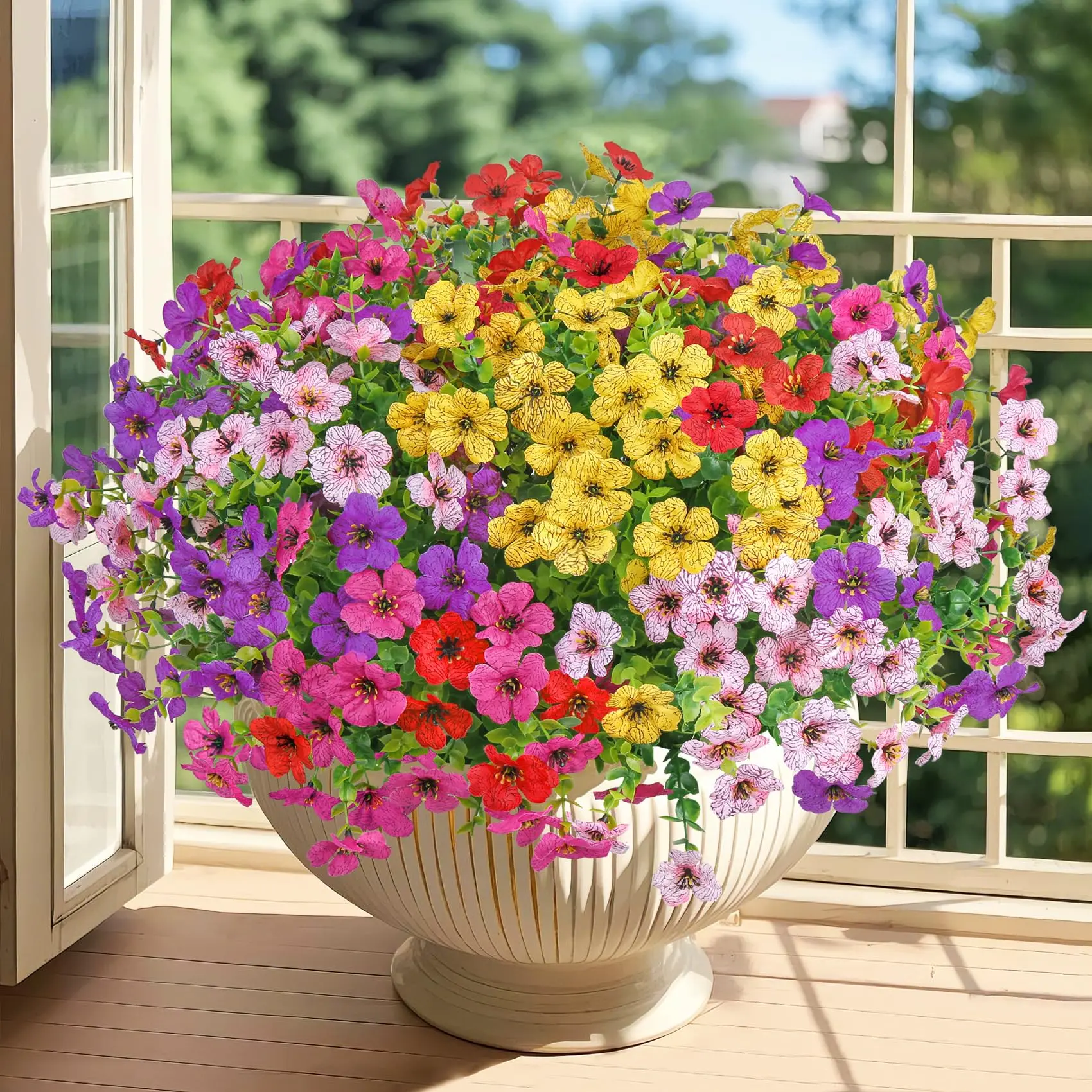 Color-Coordinated Bouquet-Shaped Weather-Proof Plastic Artificial Flowers - 12/24 Bundles DIY Fake Flowers, Floral Decor for Porch Patio, Balcony, Window Boxes, Fall Home Decor