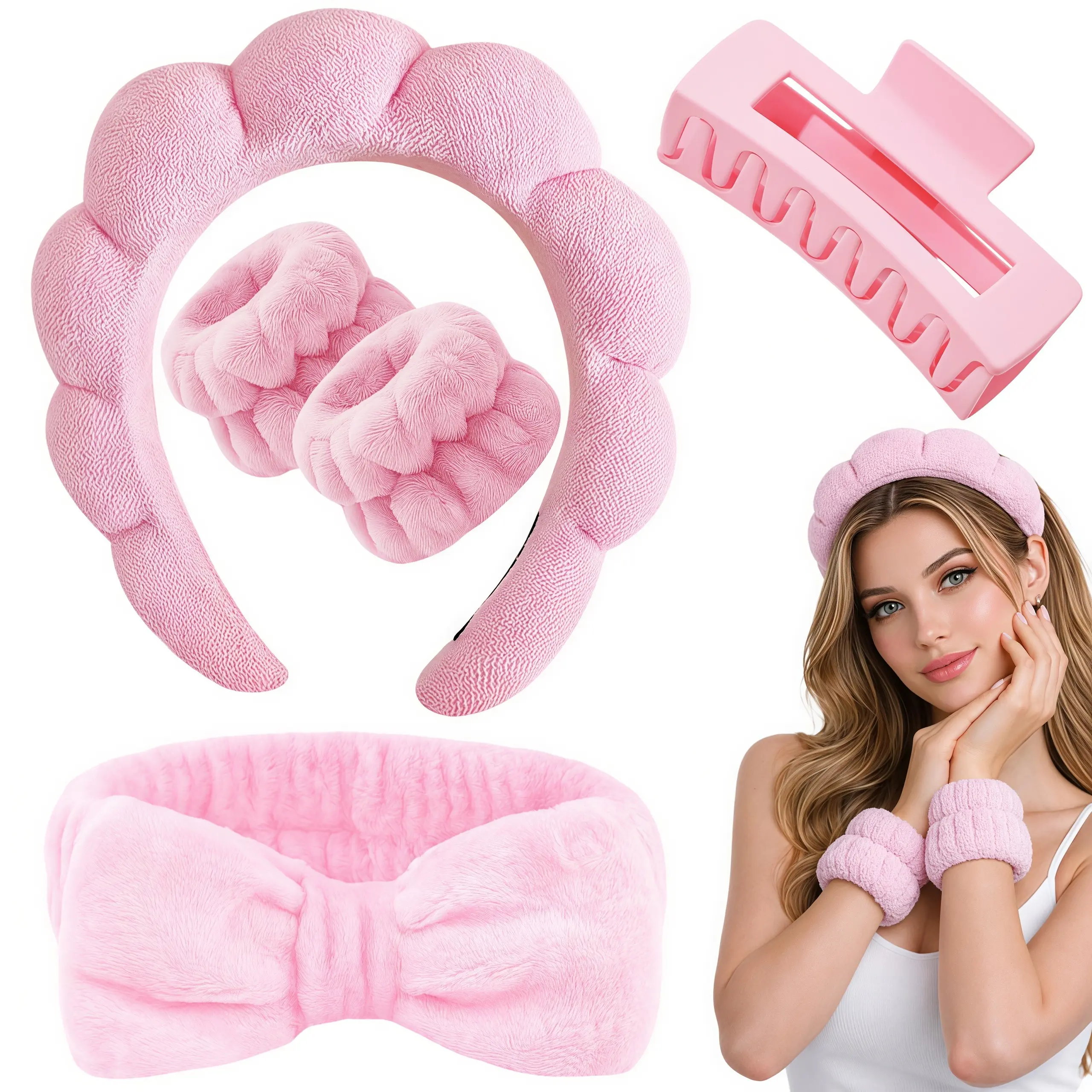 LMMAKE 1SET Soft Puffy Terry Cloth Spa Headband & Wristband Kit Skincare Accessories for Women Perfect for Face Washing Makeup Application