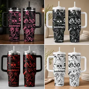 G59 Thanks For Sticking Around Tumbler 40oz with Handle, SB Eternal Grey Insulated Travel Mug with Straw, Vintage Hip Hop Stainless Steel Cup, Punk Skull Graphic Merch, Gothic Birthday Gift for Rap Music Lovers, Gift for Him