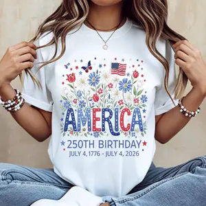 Floral America 250th Birthday July 4 1776 July 4 2026 Print T Shirt White Casual Loose Fit Top For Everyday Wear And Outdoor Activities