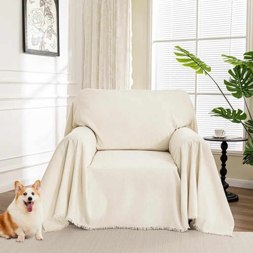 Beige Oversized Polyester Armchair Cover - 71x91" Thick Weave Anti-Slip Washable 1-Cushion Couch Protector with Tassel, Modern/Classic Style for Pets, Home Supplies