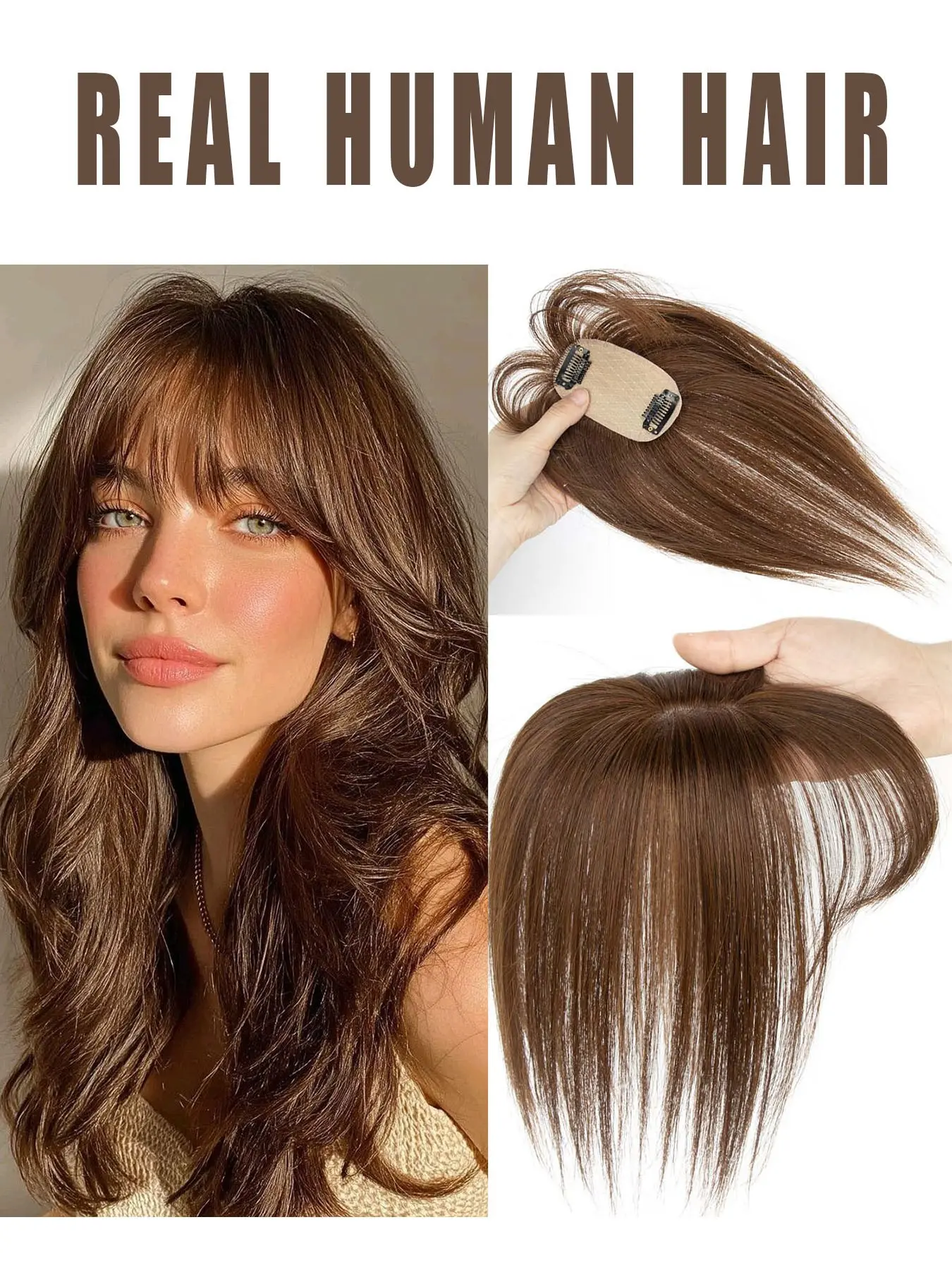 Hair Toppers, Hairpiece for Women Real Human Hair Wavy Clip in Bangs Wig With Bangs Natural Skin Scalp Thinning or Loss Top Pieces wig 360° 3D Topper Updated Base With ThinningHair Cover Gray Roots Add Volume Brown Blonde