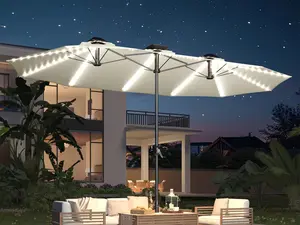 AECOJOY [No Base] 15ft Patio Umbrella with Solar Lights, Large Double Umbrella Outdoor Patio LED Lights and Crank Handle Cream(1.9" Pole) Lighting Garden