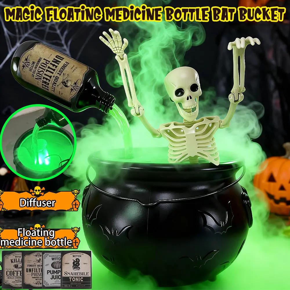 Indoor Halloween Decorations Prop - DIY Lightweight Magical Floating Potion Set with Witch's Cauldron, Mist Maker, Spooky Vintage Black Plastic Bowl for Hocus Pocus Home Table Mantel Decor